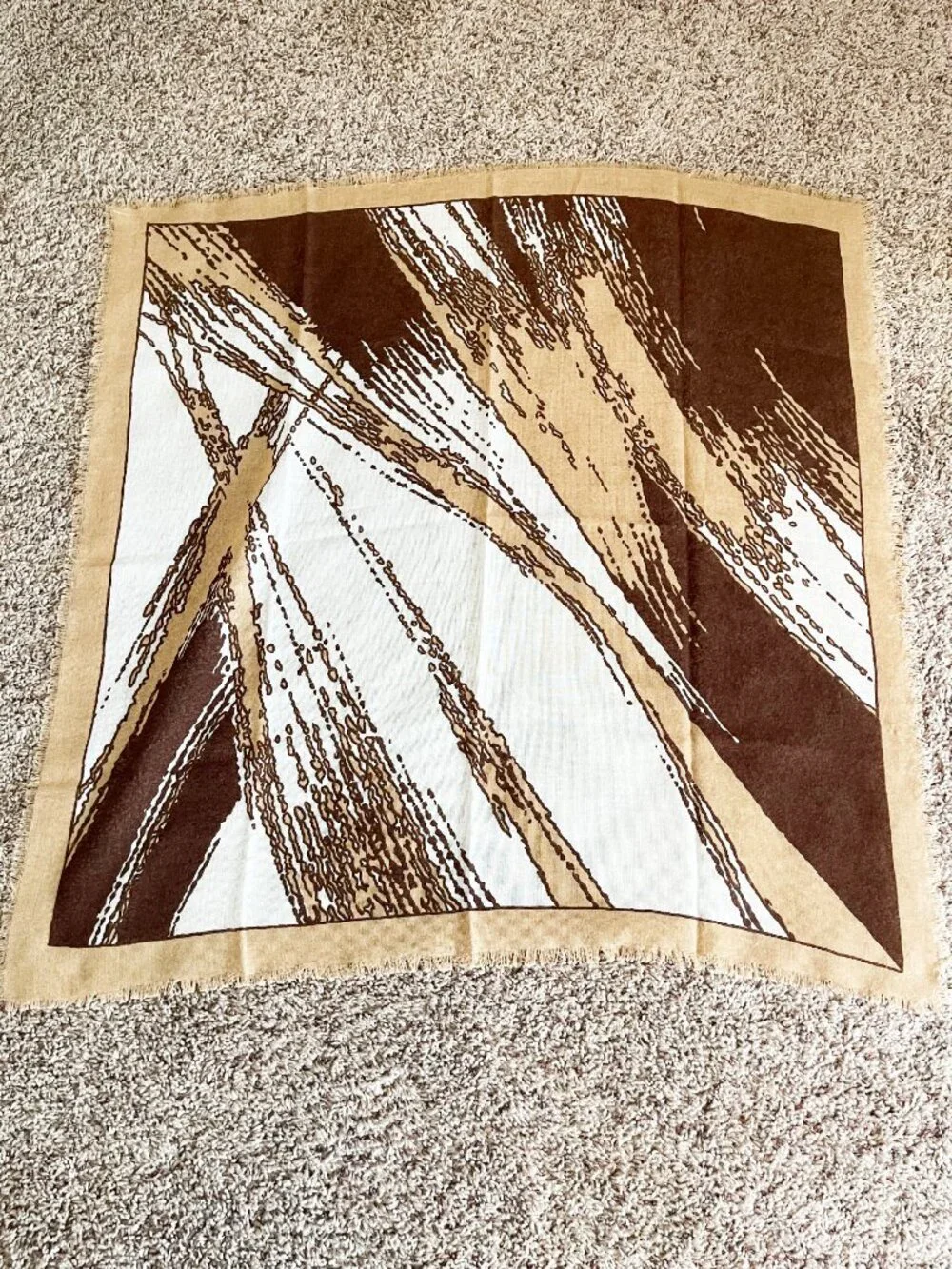 Abstract Brown Tan Cream Square Scarf Raw Fringe Lightweight Boho Wrap